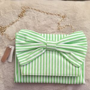 3AM Forever Green Striped Bow Clutch With Chain Strap